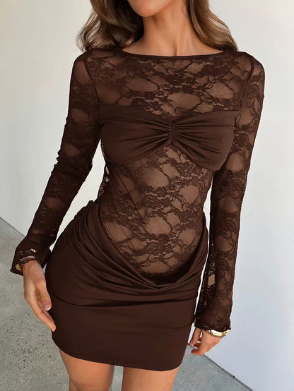 Damen Spitzenkleid Mini Offener Rücken Lange Ärmel