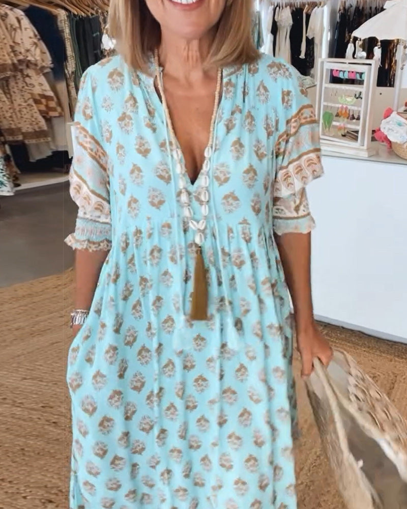 Damen Sommerkleid V-Ausschnitt Bedruckt Midi