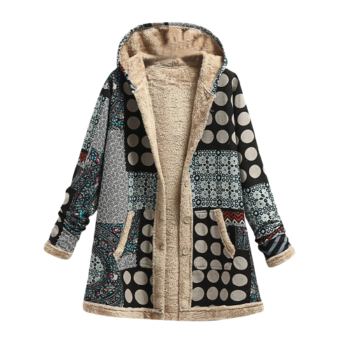 Damen Kapuzenmantel Patchwork Gefüttert Mit Knöpfe Und Taschen