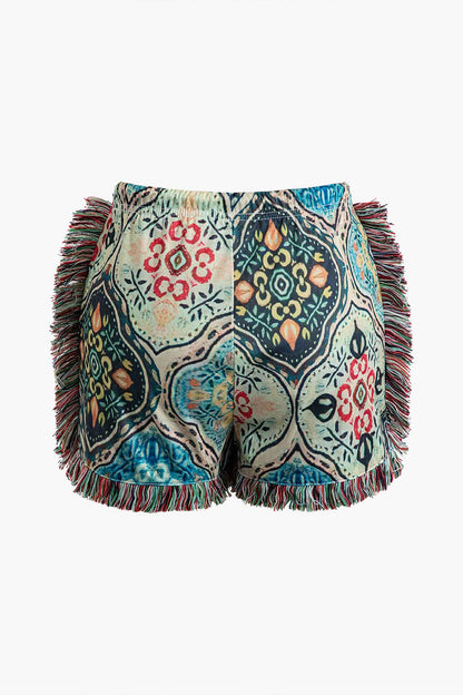 Boho Damen-Zweiteiler-Set Blumenprint Fransen