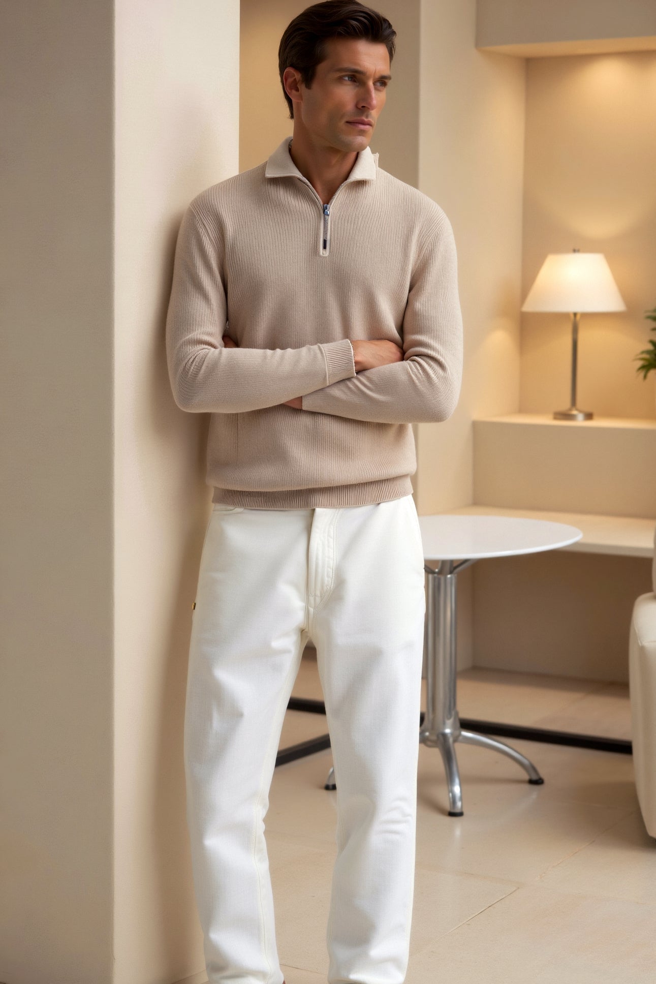Herren Strickpullover Reißverschluss Kontrastkragen Klassisch