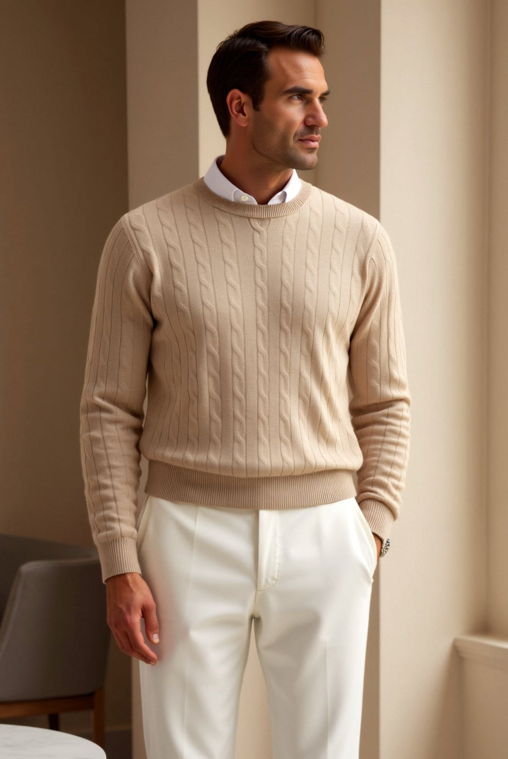 Damen Zopfstrick Pullover Elegantes Design Beige - Norvielle