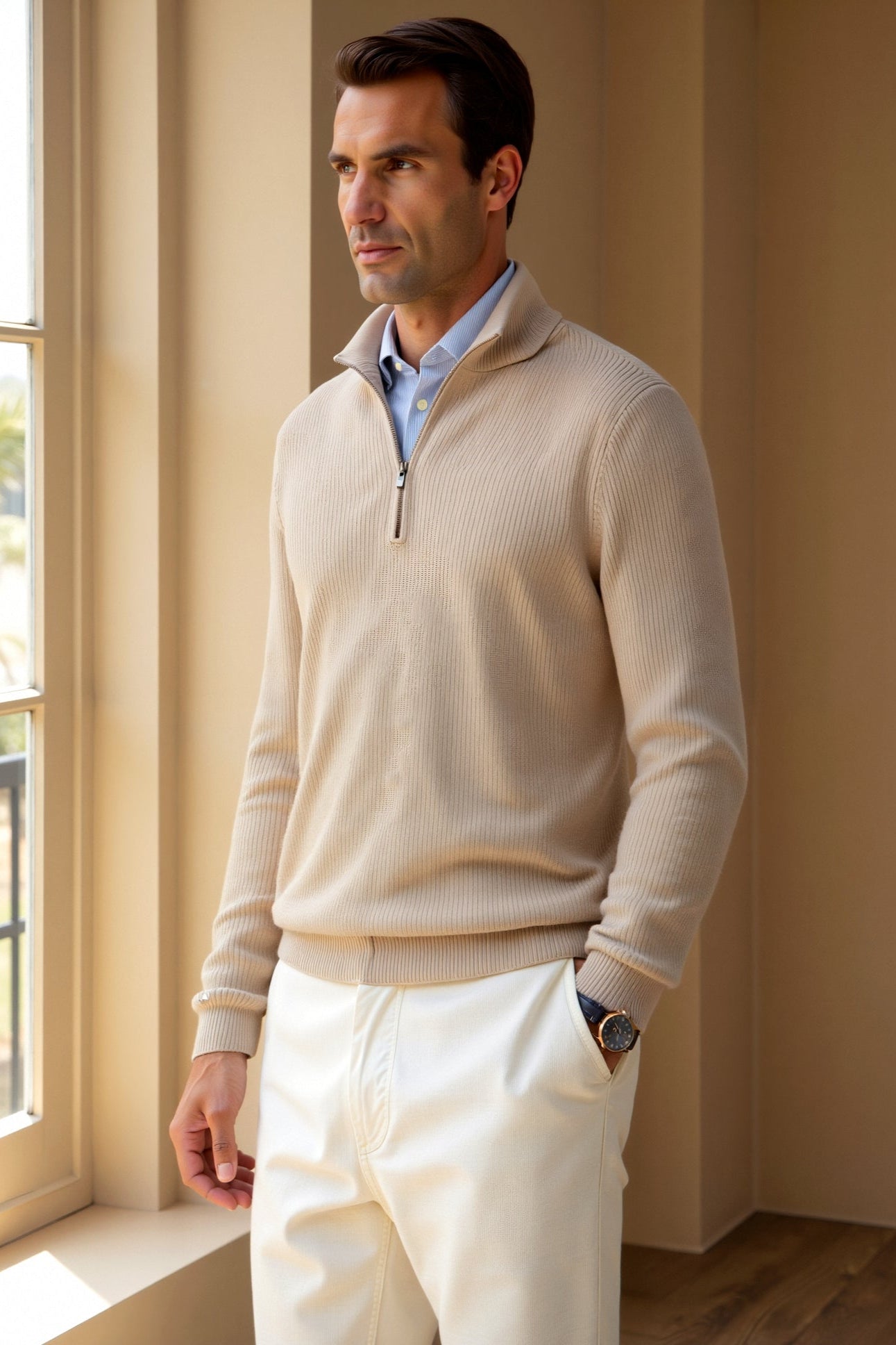 Herren Strickpullover Reißverschluss Kontrastkragen Klassisch