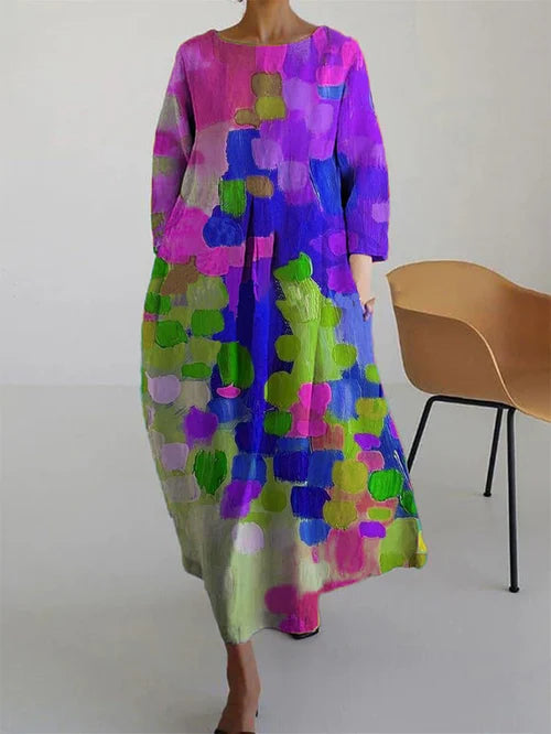 Damen Maxikleid Langarm Abstrakt Blumenmuster Sommerkleid - Norvielle