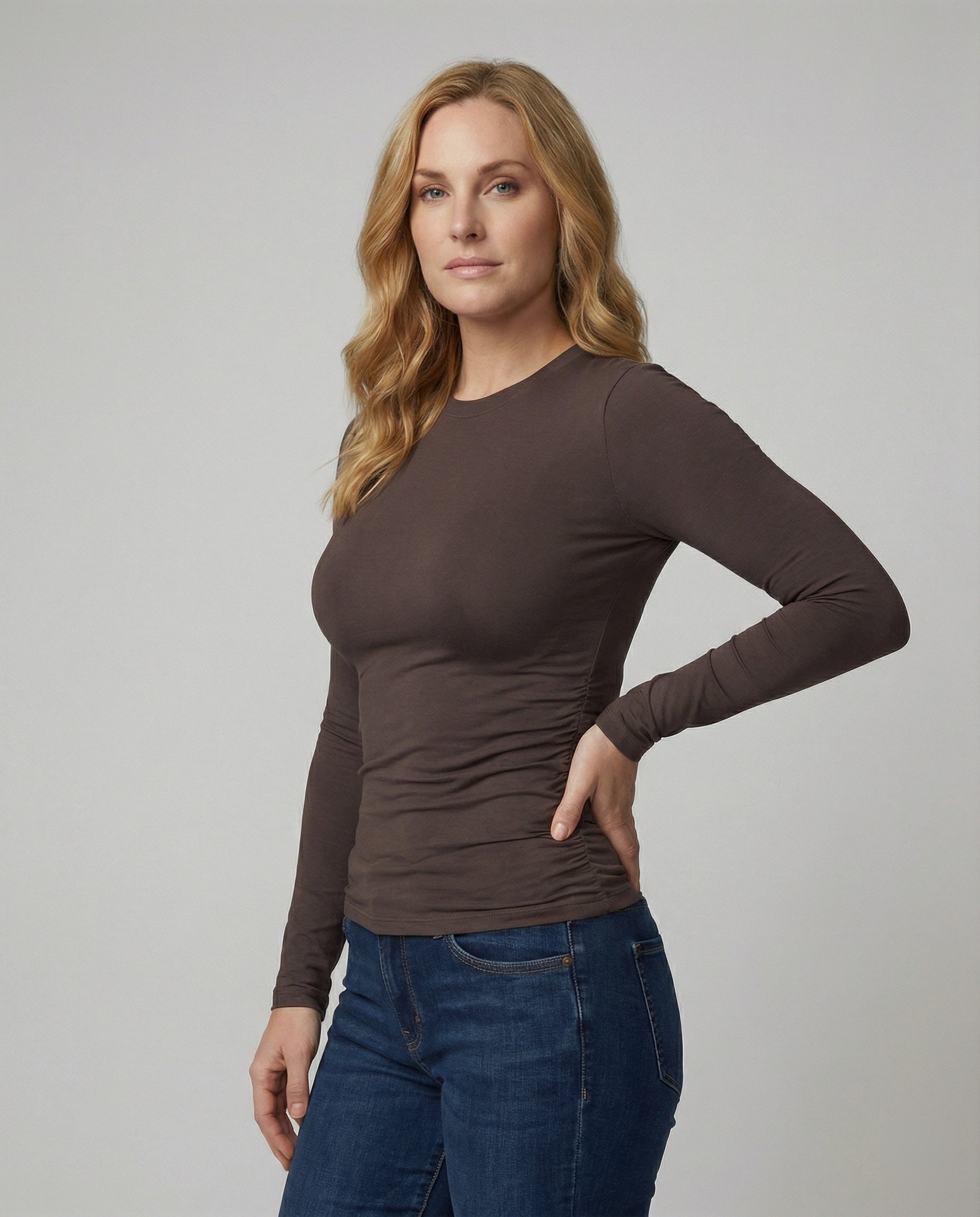 Damen Slim Fit Langarmshirt Rundhals Modal Basic - Norvielle