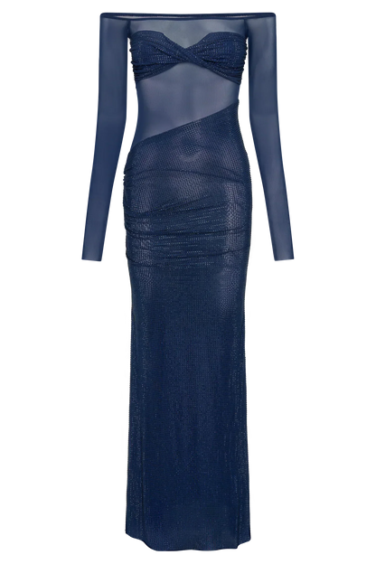 Damen Off-Shoulder Maxikleid Glitzersteinen Mesh-Stoff