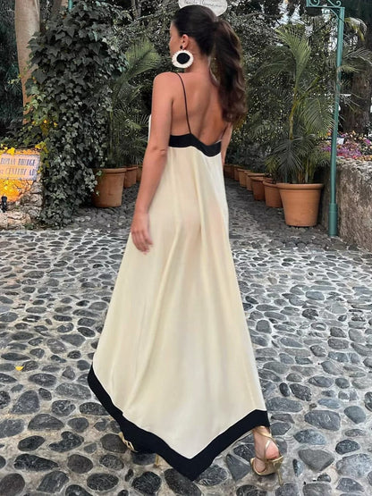 Damen Maxi-Kleid V-Ausschnitt Kontrastdetails Modern
