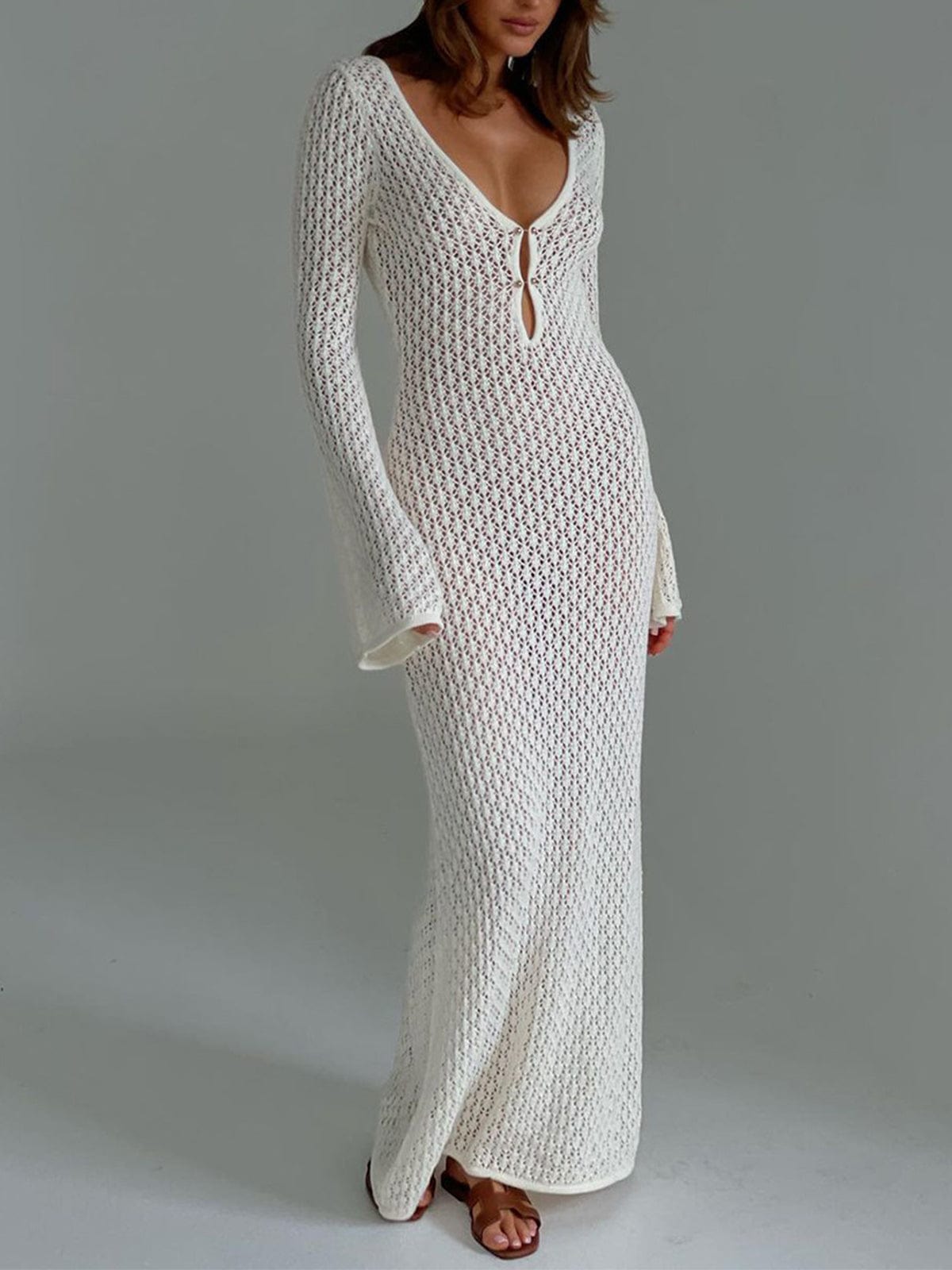 Gehäkeltes Damen Maxikleid V-Ausschnitt Lang Sommerkleid - Norvielle