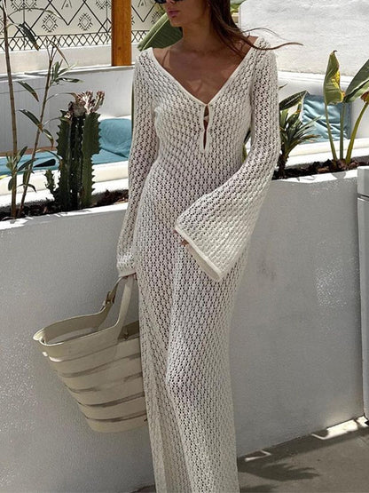 Gehäkeltes Damen Maxikleid V-Ausschnitt Lang Sommerkleid
