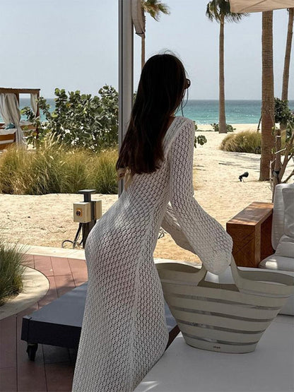 Gehäkeltes Damen Maxikleid V-Ausschnitt Lang Sommerkleid