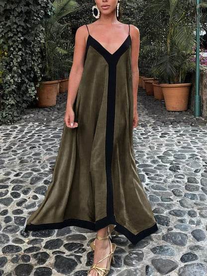 Damen Maxi-Kleid V-Ausschnitt Kontrastdetails Modern