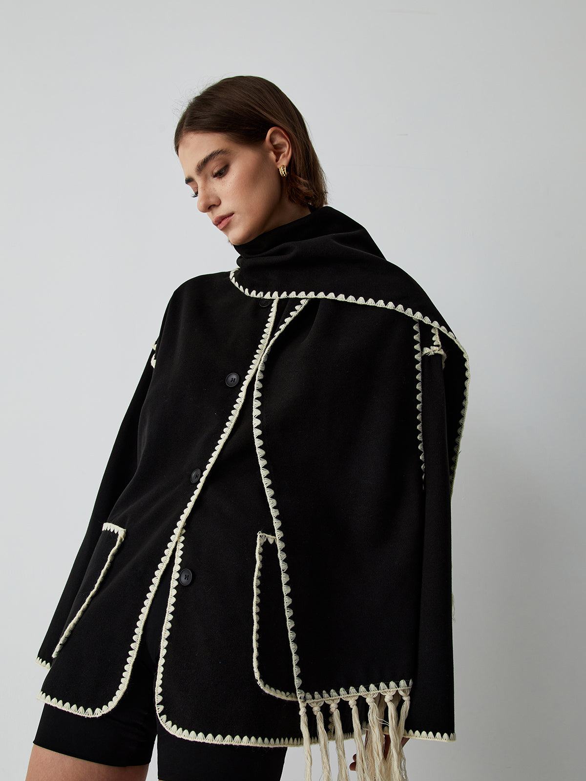 Damen Cape-Mantel Lang mit Schal und Fransen Elegant Schwarz - Norvielle