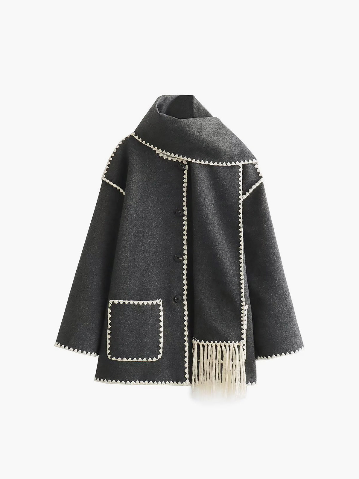 Damen Cape-Mantel Lang mit Schal und Fransen Elegant