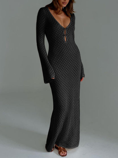 Gehäkeltes Damen Maxikleid V-Ausschnitt Lang Sommerkleid