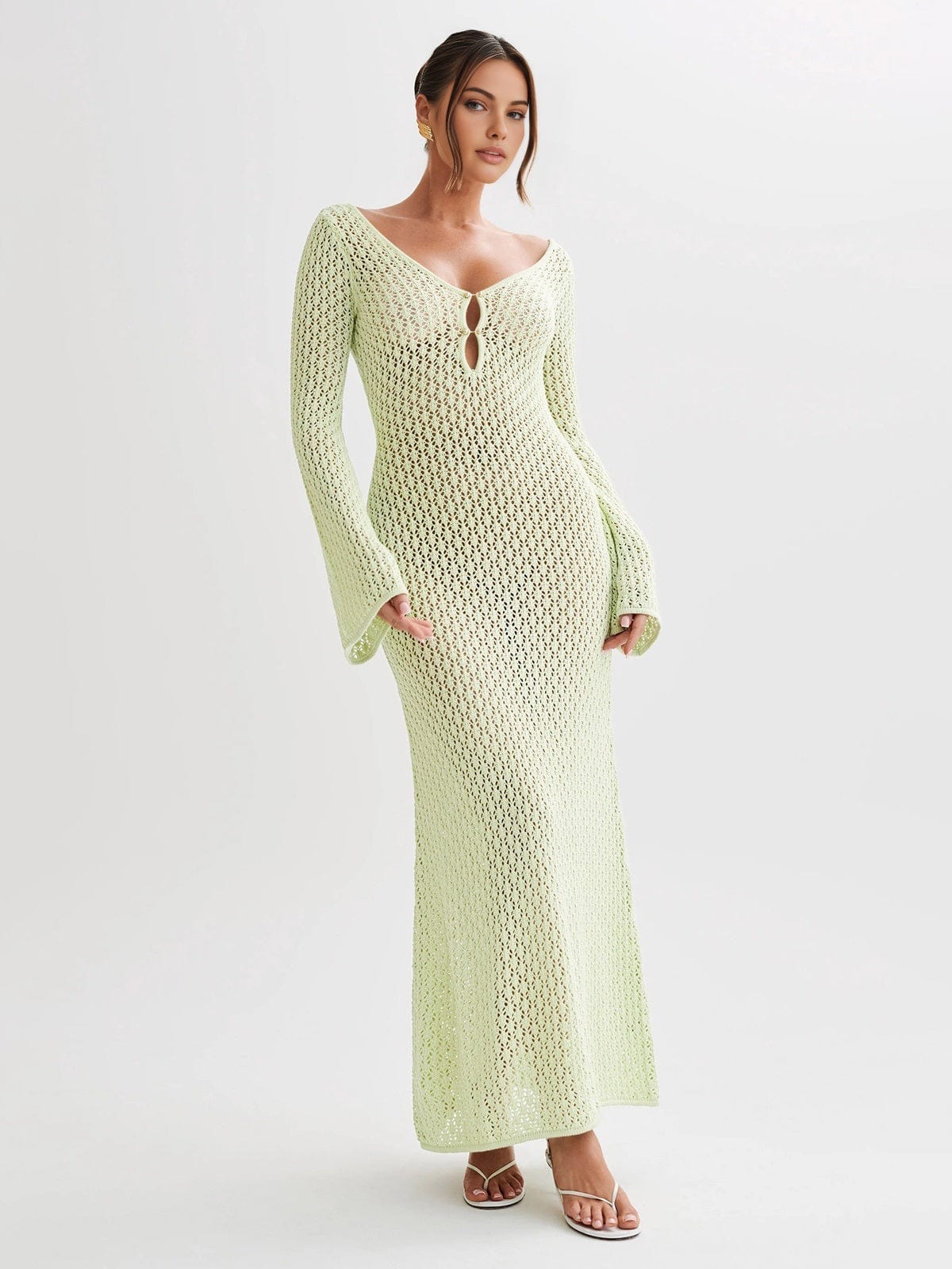 Gehäkeltes Damen Maxikleid V-Ausschnitt Lang Sommerkleid