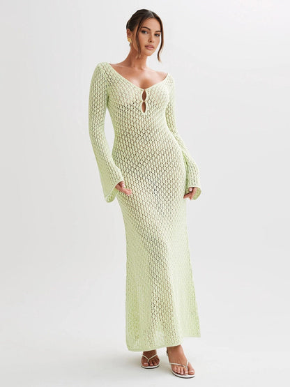 Gehäkeltes Damen Maxikleid V-Ausschnitt Lang Sommerkleid