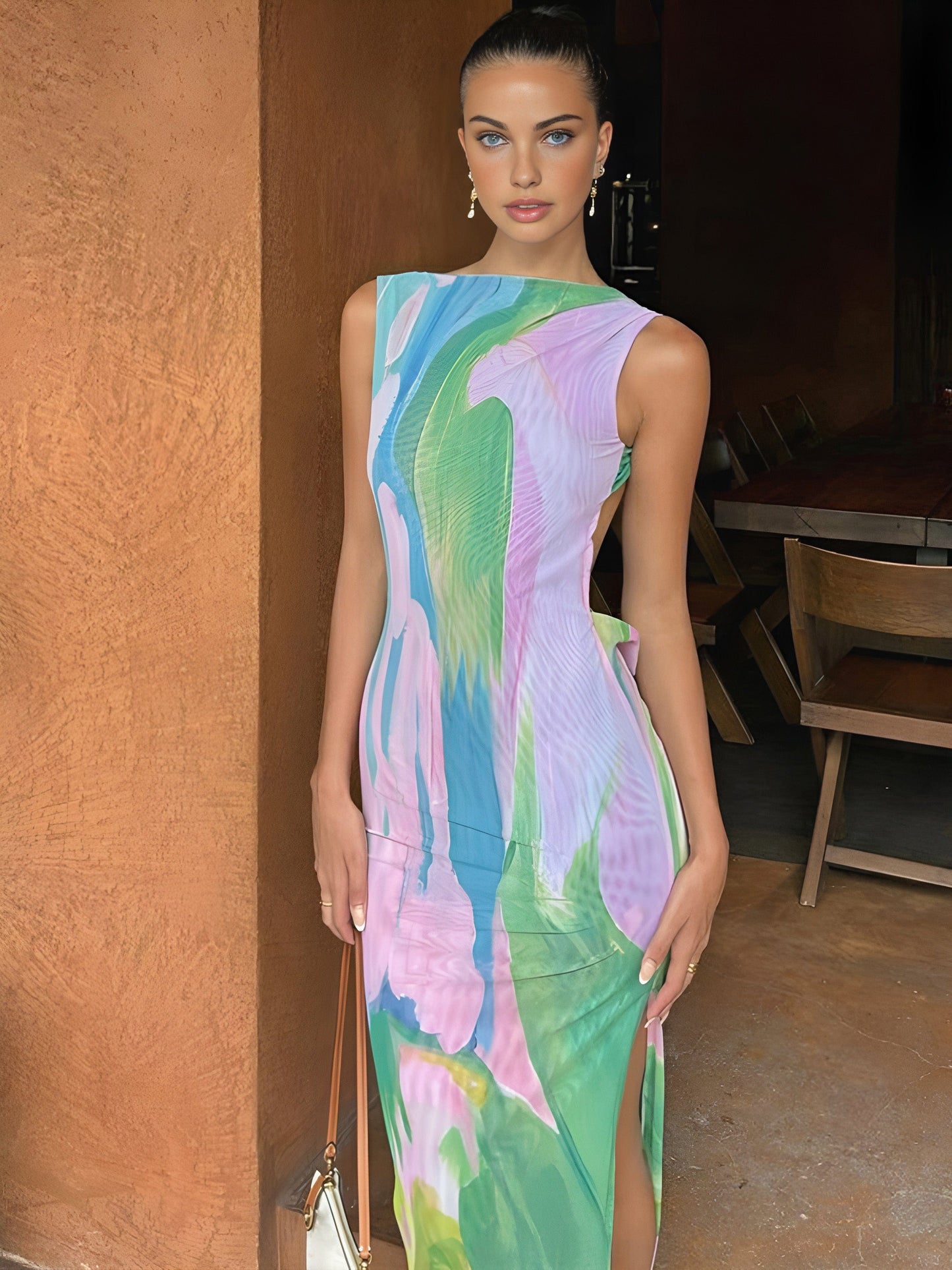 Ärmelloses Maxi-Kleid Wasserfarben-Print Eleganz Sommer Damenkleid - Norvielle