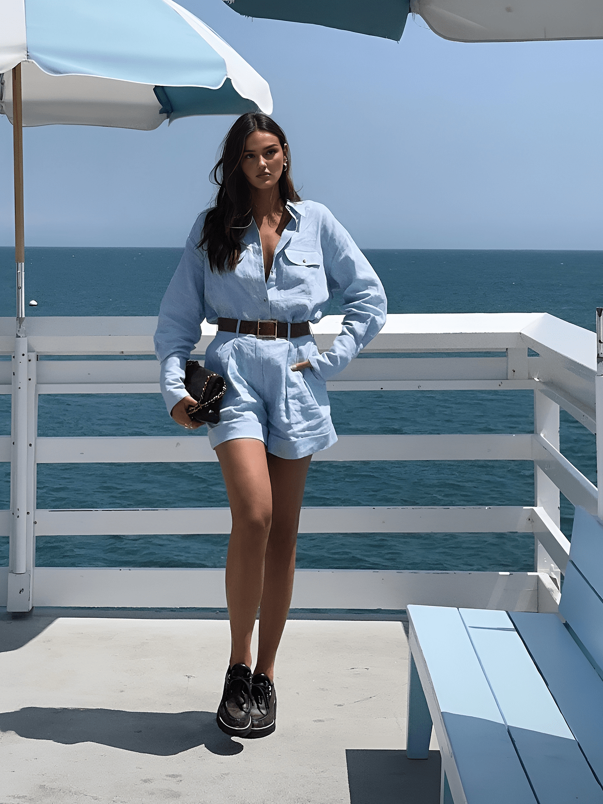 Leinen Sommerhosen Hemd-Set Damen Kurz