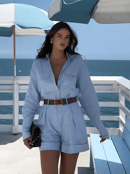 Leinen Sommerhosen Hemd-Set Damen Kurz