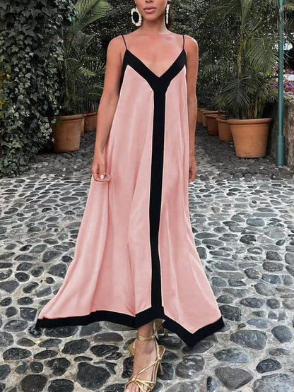 Damen Maxi-Kleid V-Ausschnitt Kontrastdetails Modern