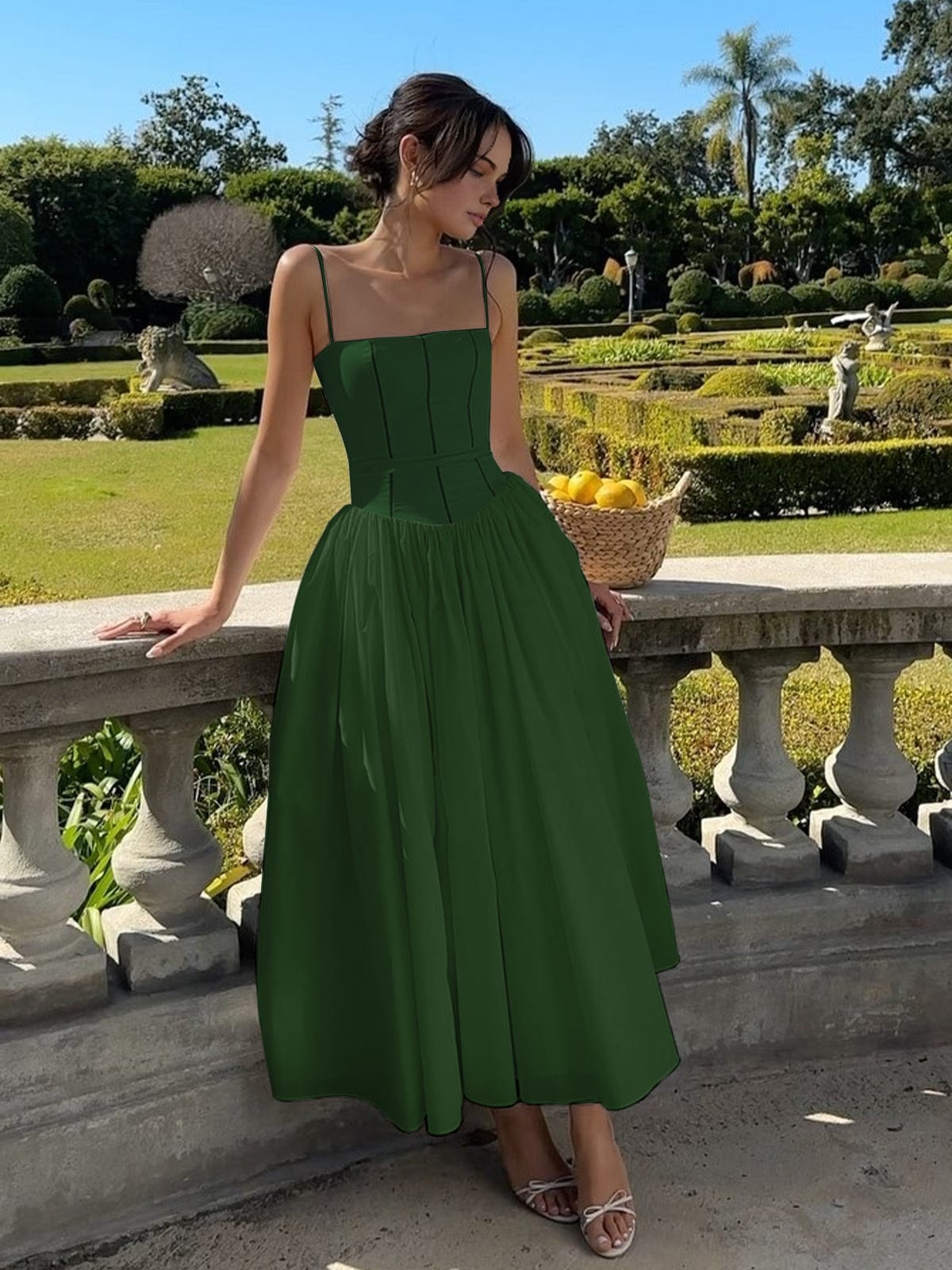 Damen Midikleid Spaghettiträger Corsage Elegantes Kleid