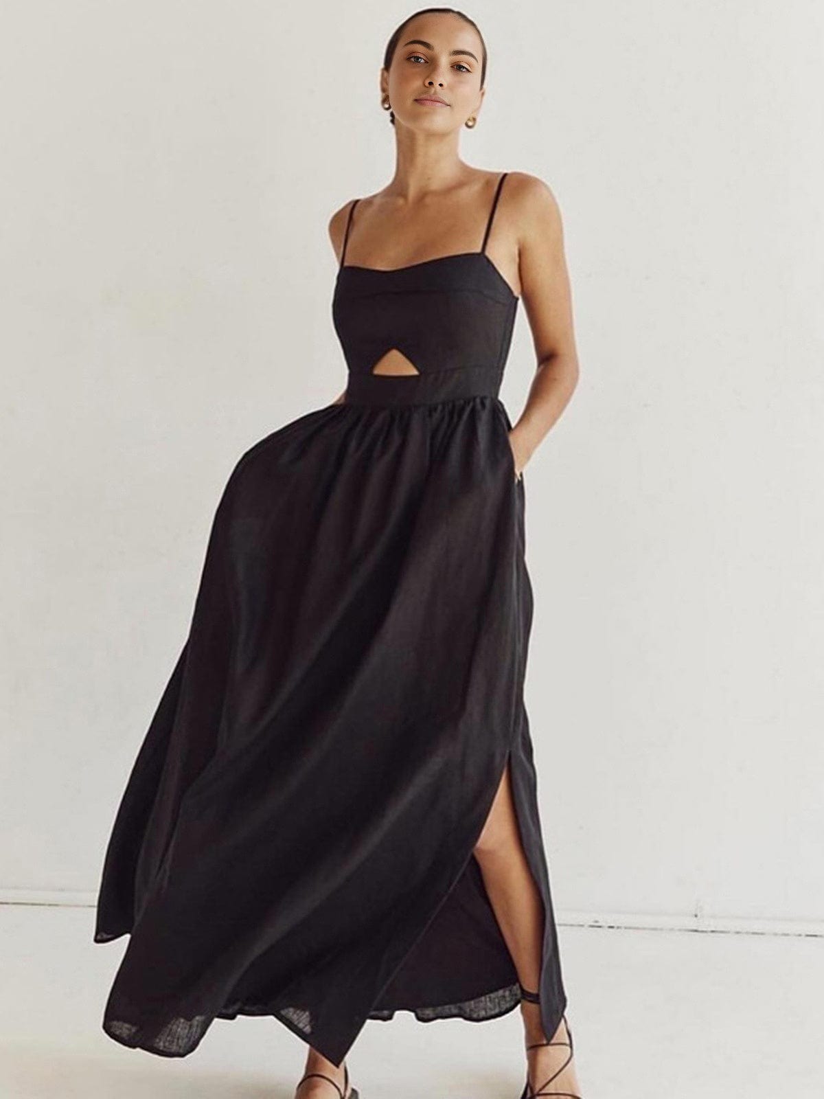 Damen Leinen Maxi-Kleid Ärmellos Sommerkleid mit Ausschnitt