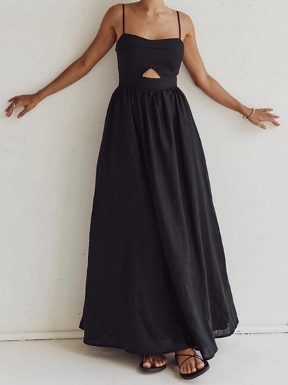 Damen Leinen Maxi-Kleid Ärmellos Sommerkleid mit Ausschnitt