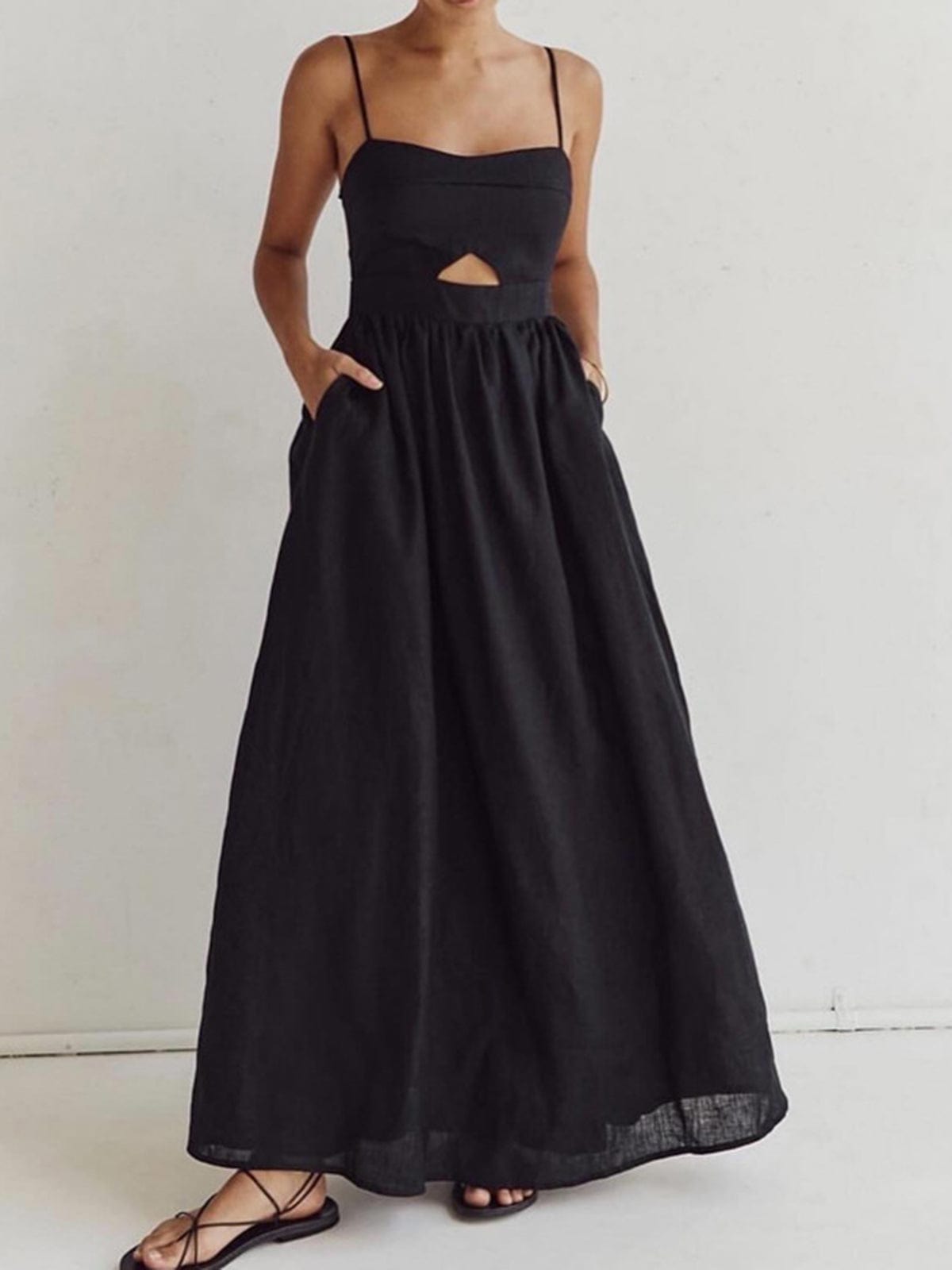 Damen Leinen Maxi-Kleid Ärmellos Sommerkleid mit Ausschnitt - Norvielle