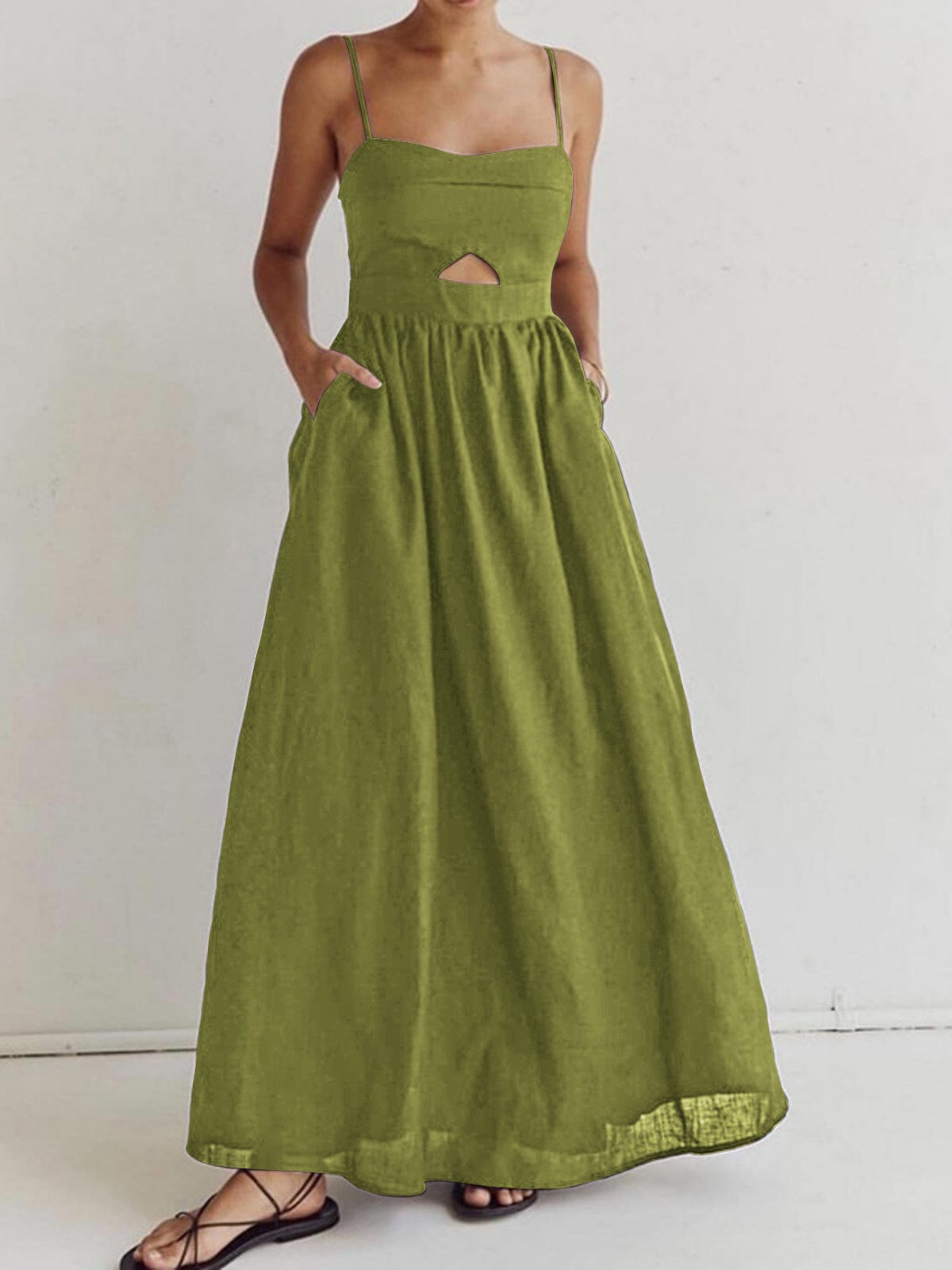 Damen Leinen Maxi-Kleid Ärmellos Sommerkleid mit Ausschnitt
