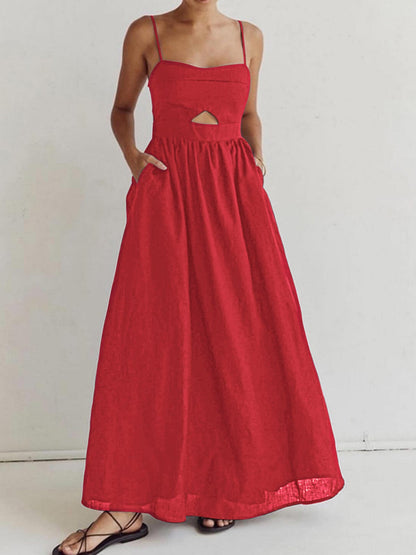Damen Leinen Maxi-Kleid Ärmellos Sommerkleid mit Ausschnitt