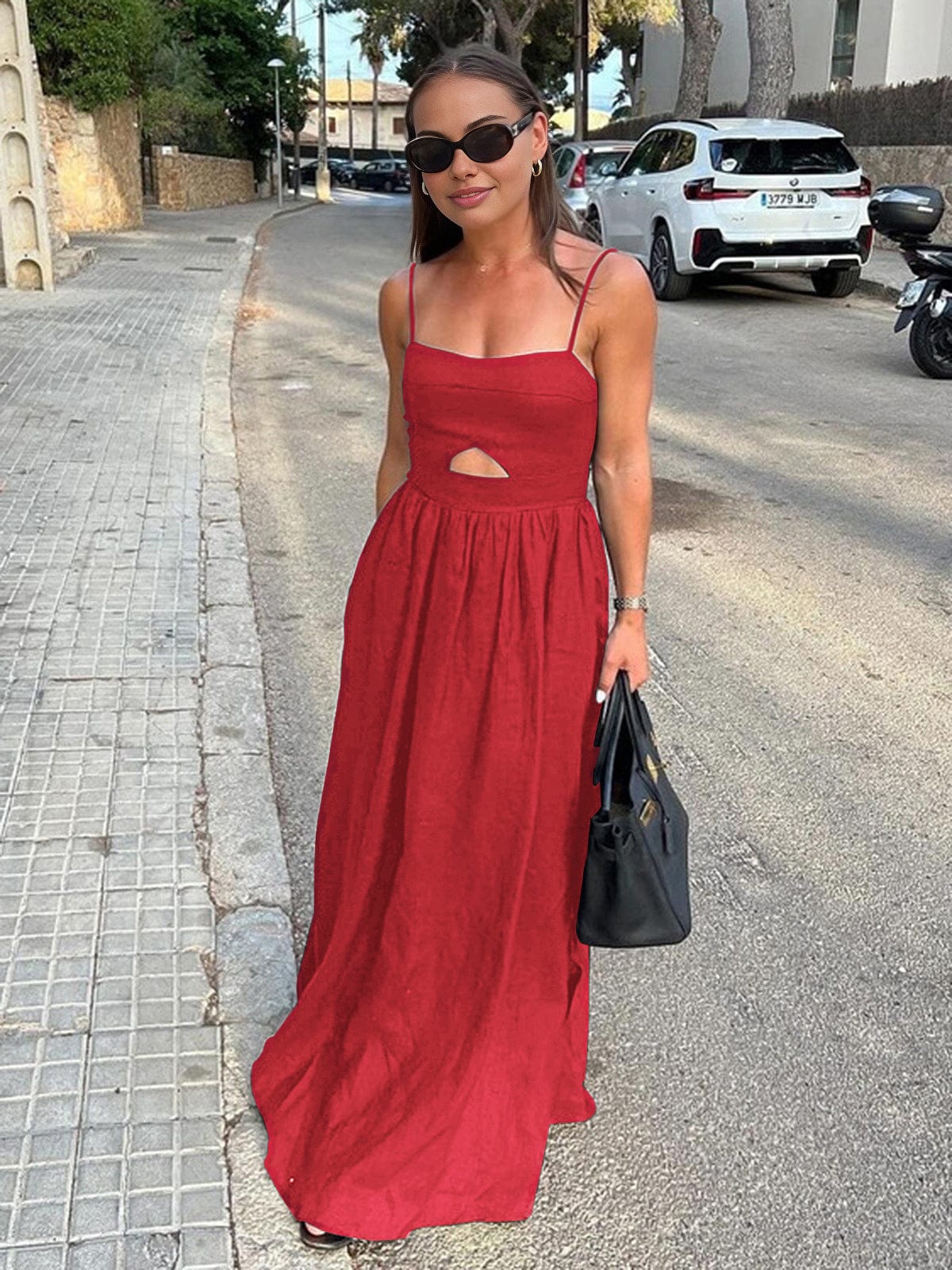 Damen Leinen Maxi-Kleid Ärmellos Sommerkleid mit Ausschnitt