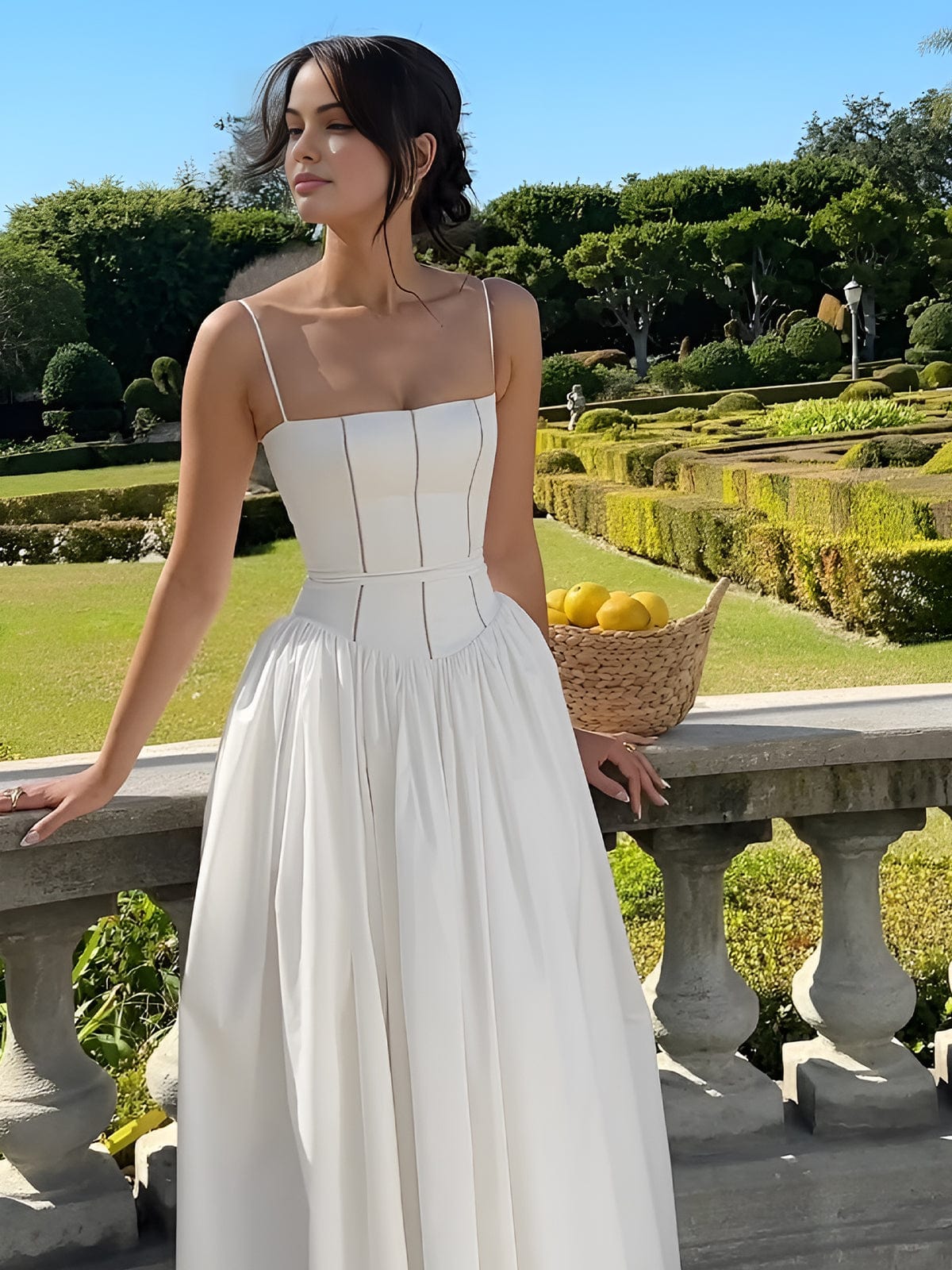 Damen Midikleid Spaghettiträger Corsage Elegantes Kleid