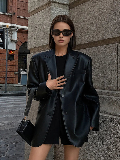Damen Lederblazer Modern mit Taschen Schwarz - Norvielle