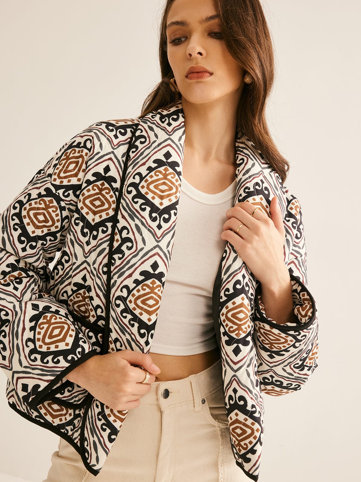 Damen Oversized Steppjacke Ethnomuster Baumwolle Schwarzweiß - Norvielle