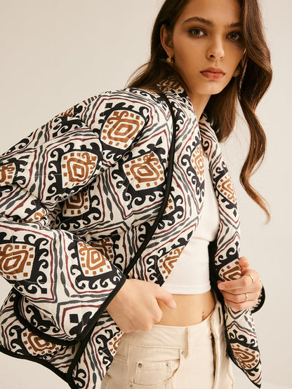 Damen Oversized Steppjacke Ethnomuster Baumwolle weiß