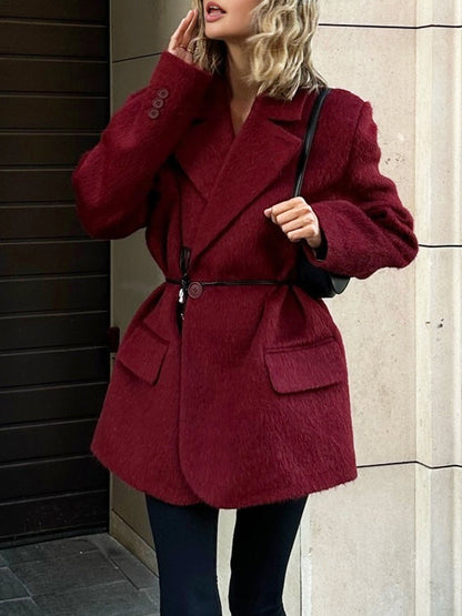 Damen Wintermantel Übergröße Roter Wollmantel Mit Gürtel