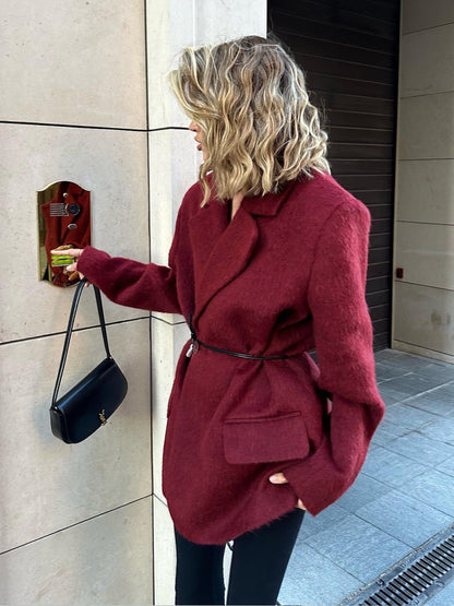 Damen Wintermantel Übergröße Roter Wollmantel Mit Gürtel - Norvielle