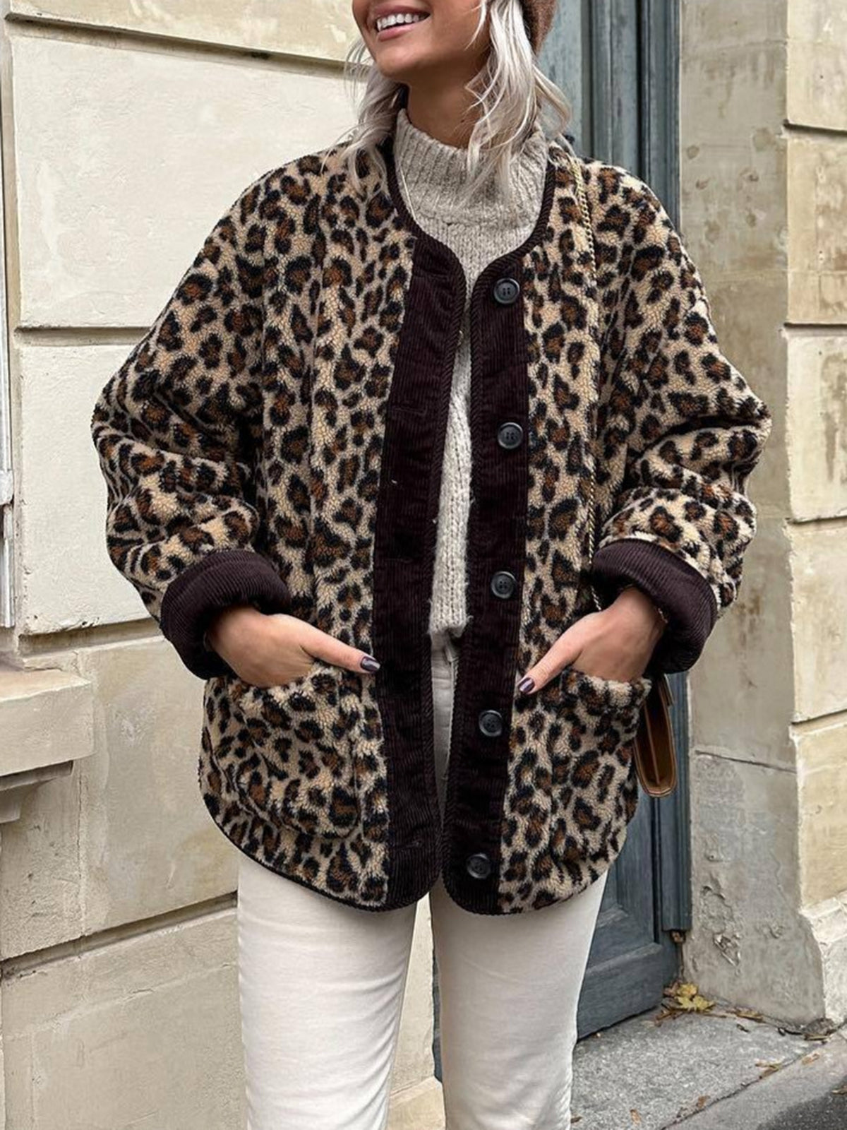 Damen Teddyjacke Leopard Muster Warm Schwarz - Norvielle