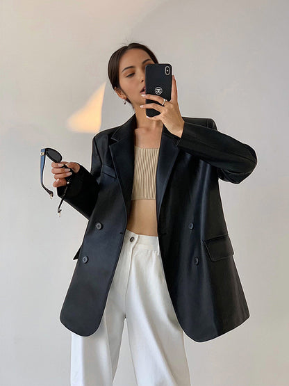 Damen Lederblazer Kunstleder Slim Fit Reverskragen
