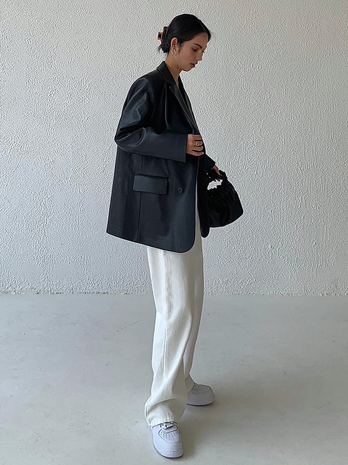 Damen Lederblazer Kunstleder Slim Fit Reverskragen
