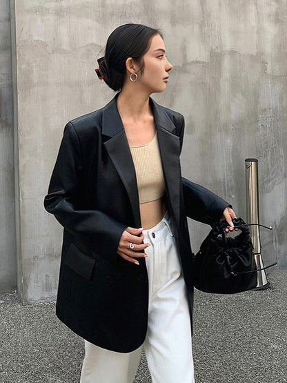 Damen Lederblazer Kunstleder Slim Fit Reverskragen Schwarz - Norvielle