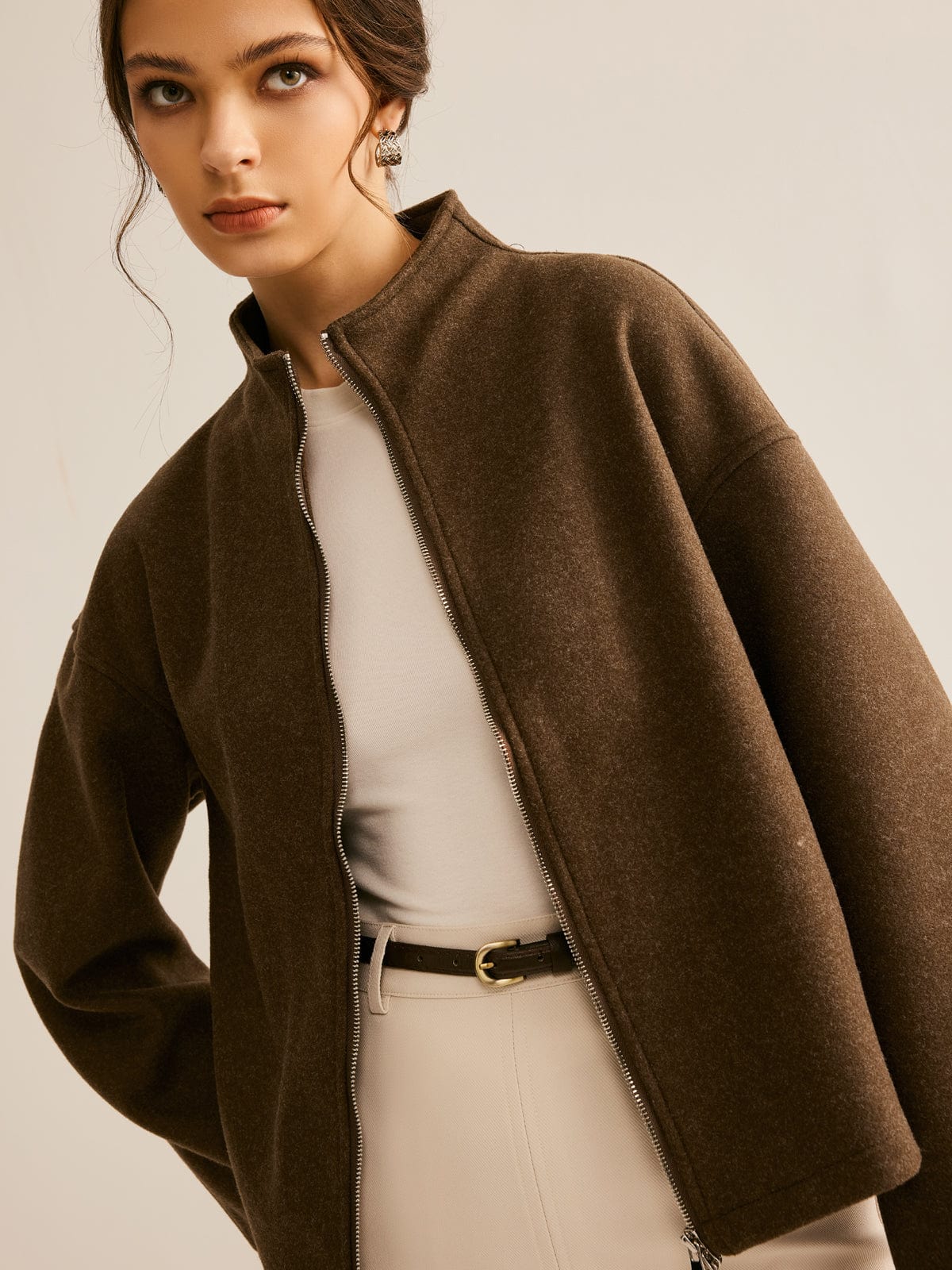 Lederjacke Damen Braun Stehkragen Elegant