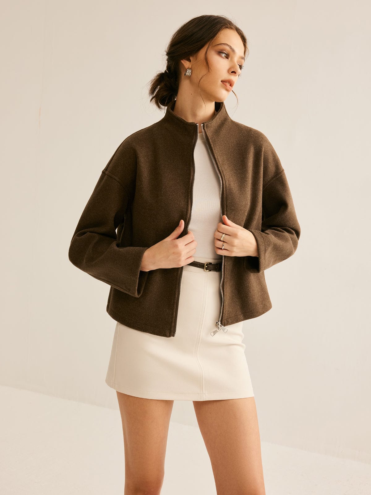 Lederjacke Damen Braun Stehkragen Elegant - Norvielle