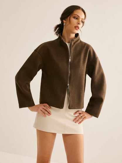 Lederjacke Damen Braun Stehkragen Elegant