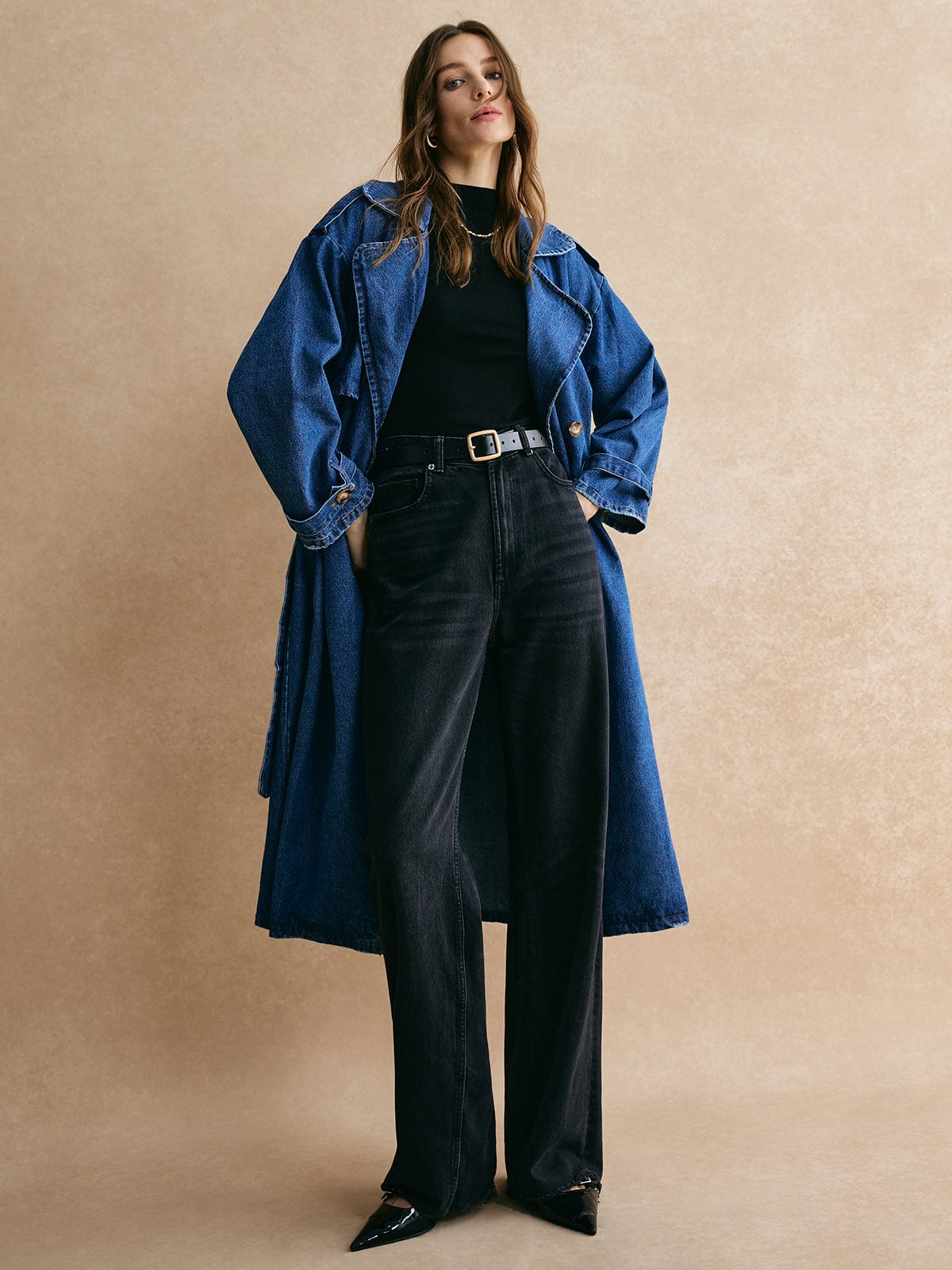 Großer Denim-Trenchcoat Oversized Lässig Blau - Norvielle