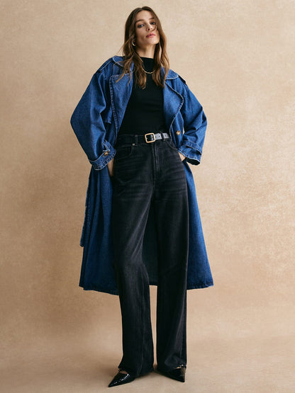 Großer Denim-Trenchcoat Oversized Lässig Blau - Norvielle