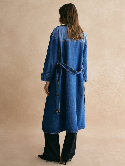 Großer Denim-Trenchcoat Oversized Lässig Blau