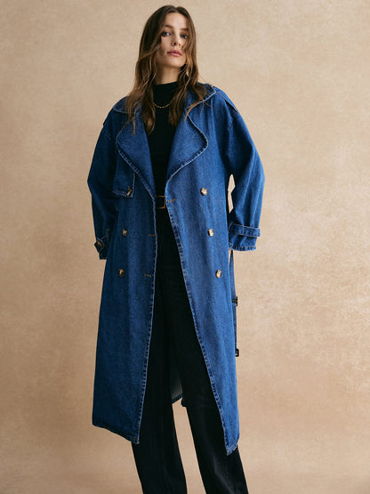Großer Denim-Trenchcoat Oversized Lässig Blau