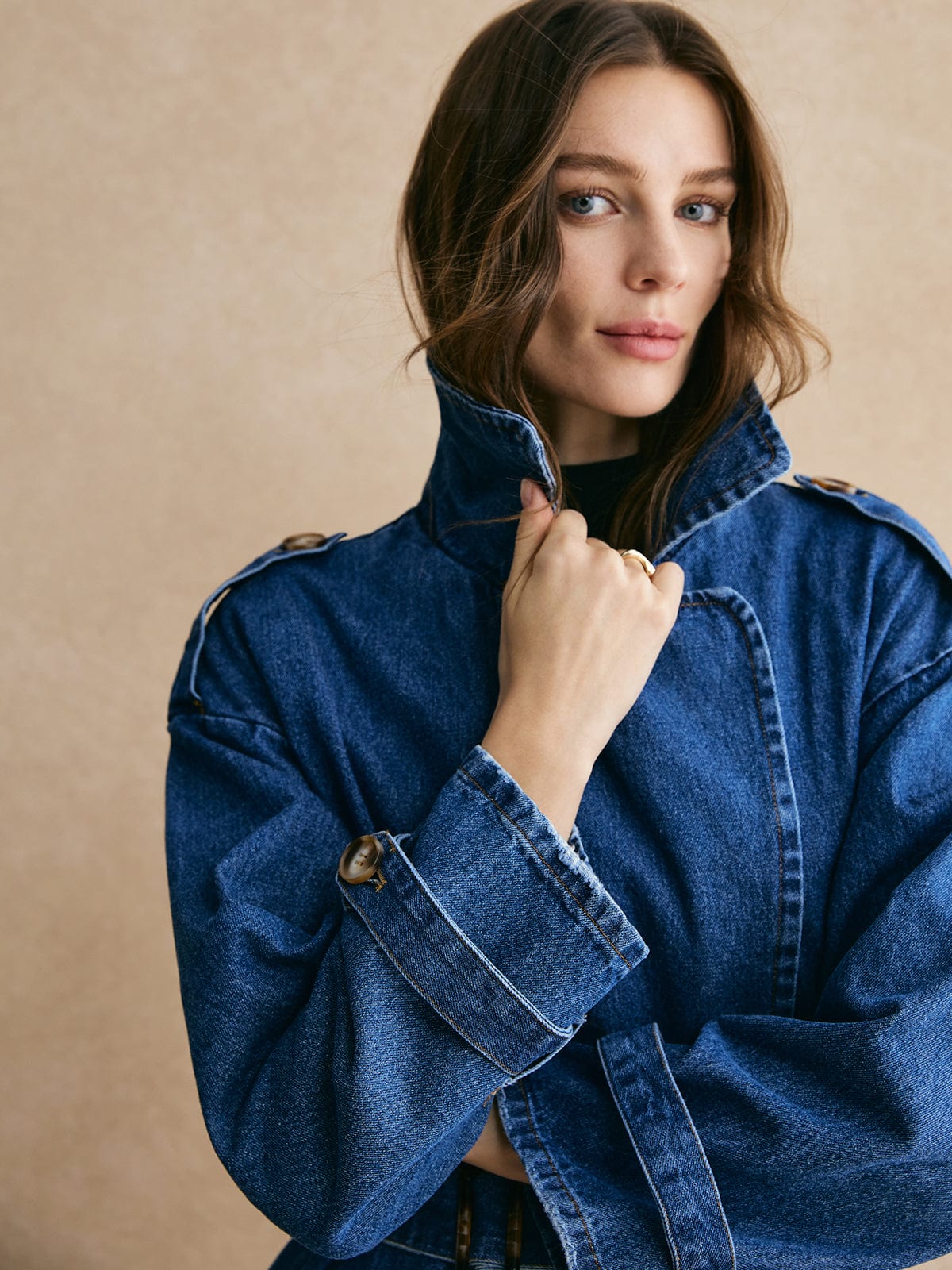 Großer Denim-Trenchcoat Oversized Lässig Blau
