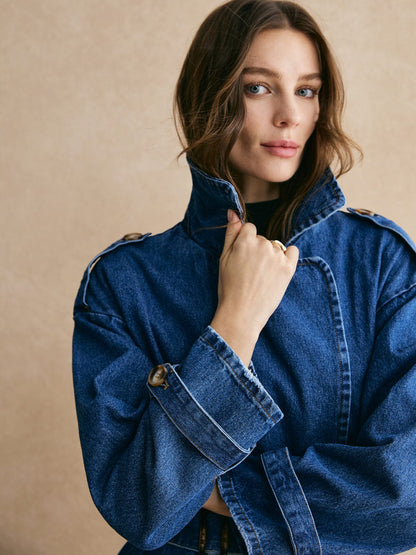 Großer Denim-Trenchcoat Oversized Lässig Blau